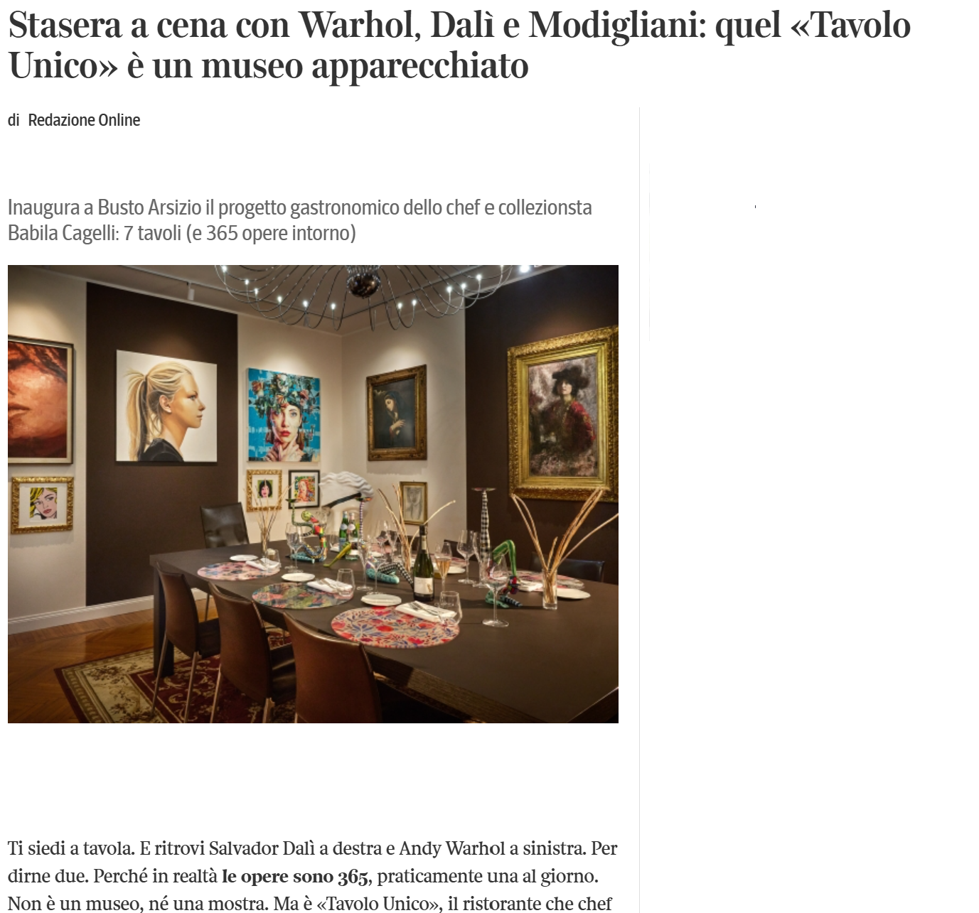Corriere della Sera · Stasera a cena con Warhol, Dalì e Modigliani: quel «Tavolo Unico» è un museo apparecchiato
