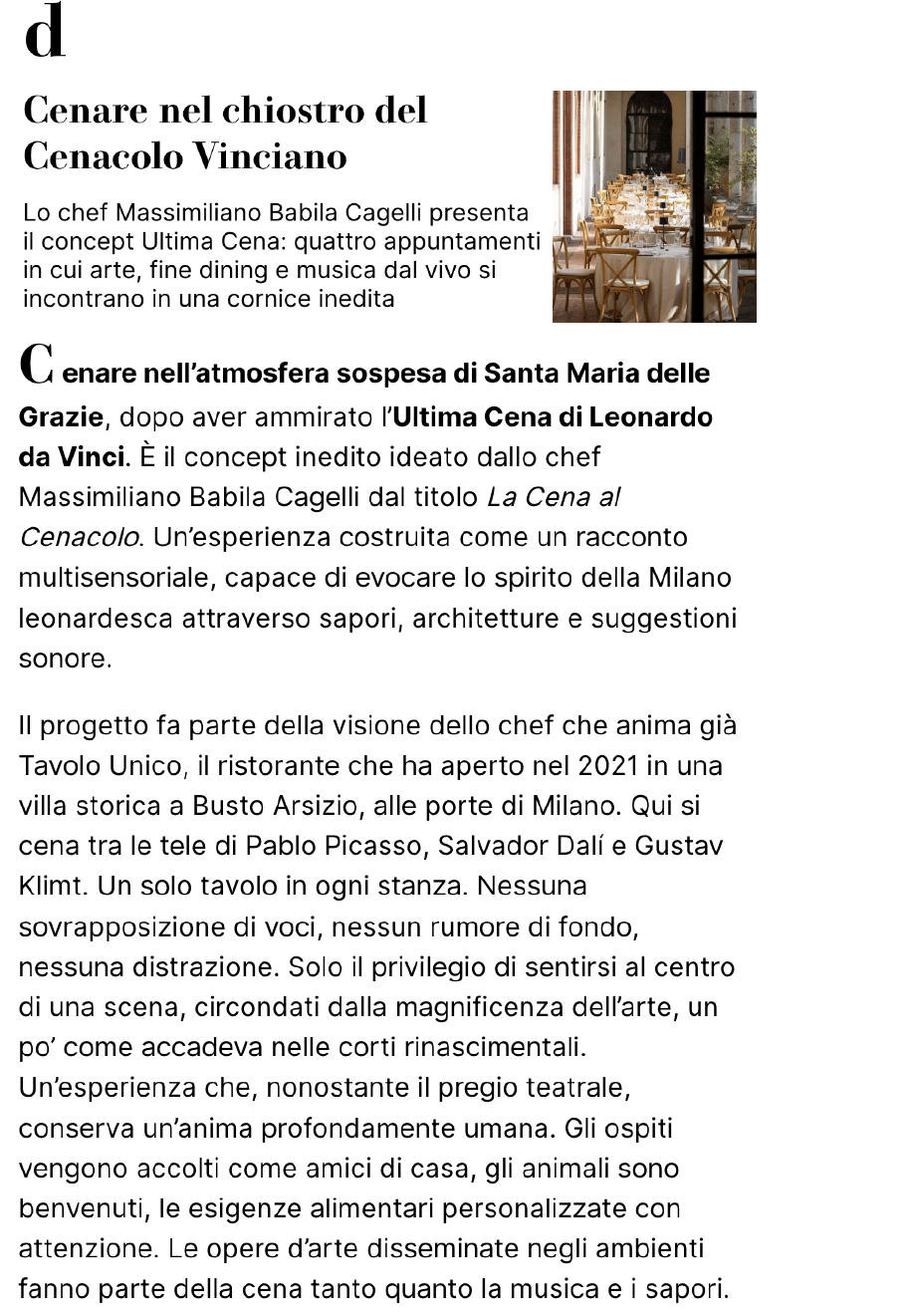 D – la Repubblica · Cenare nel chiostro del Cenacolo Vinciano
