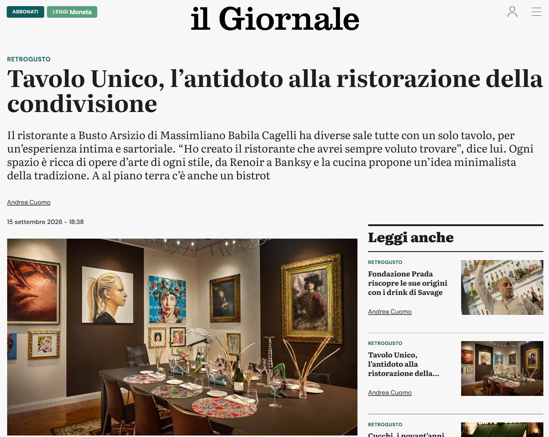 il Giornale · Tavolo Unico, l’antidoto alla ristorazione della condivisione