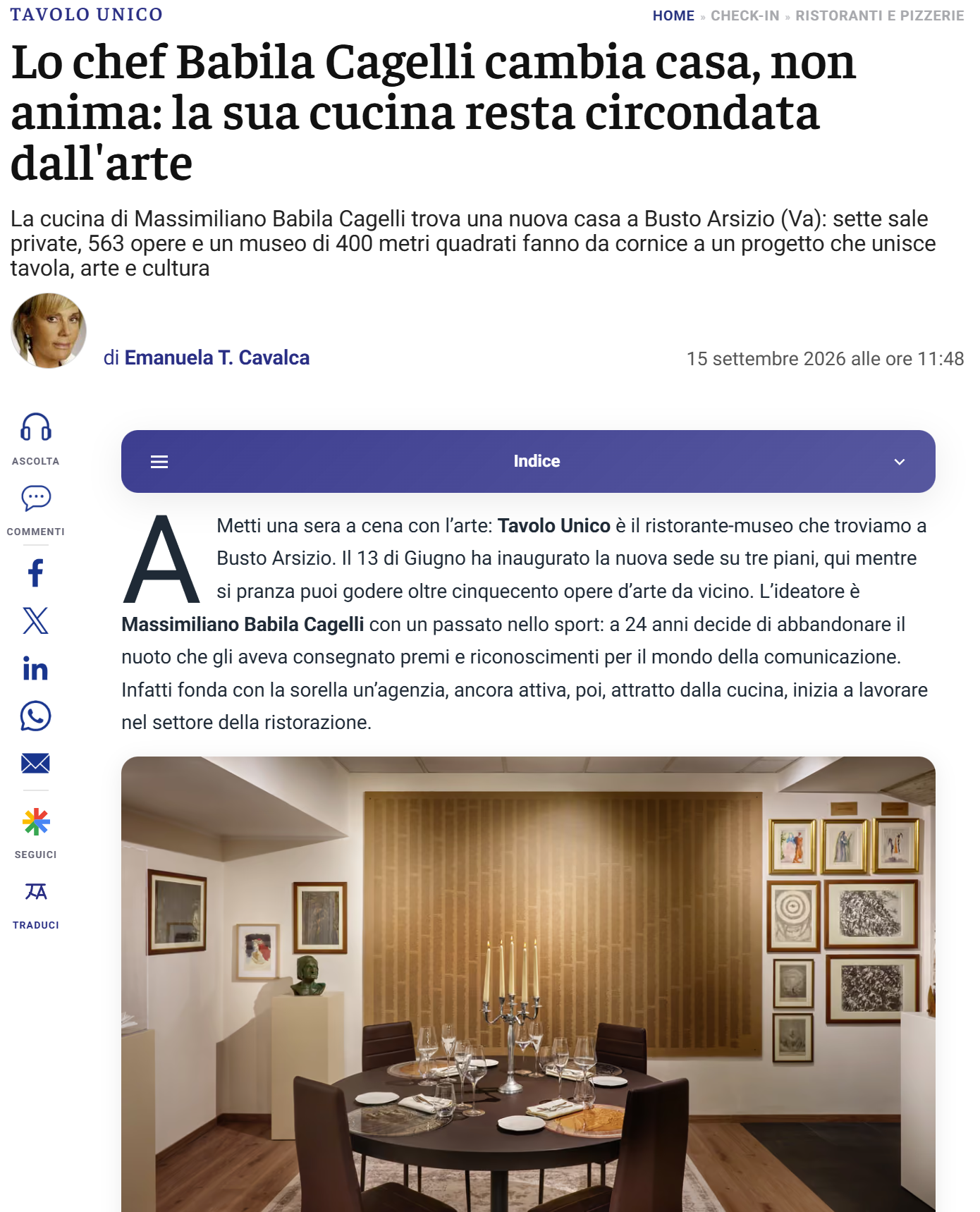 Italia a Tavola · Lo chef Babila Cagelli cambia casa, non anima: la sua cucina resta circondata dall'arte
