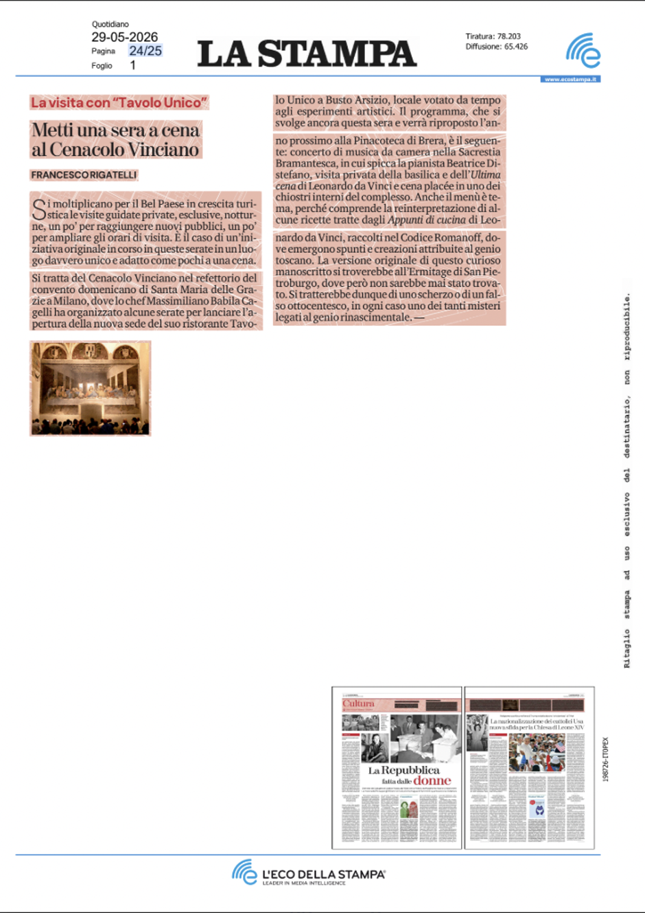 La Stampa · Metti una sera a cena al Cenacolo Vinciano
