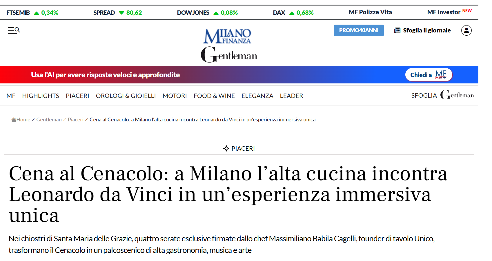 Milano Finanza · Gentleman · Cena al Cenacolo: a Milano l’alta cucina incontra Leonardo da Vinci in un’esperienza immersiva unica