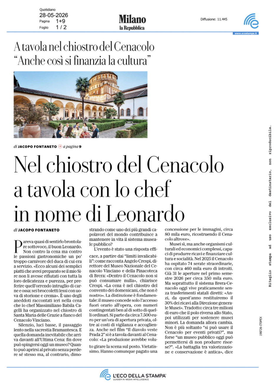la Repubblica · Milano · Nel chiostro del Cenacolo a tavola con lo chef in nome di Leonardo